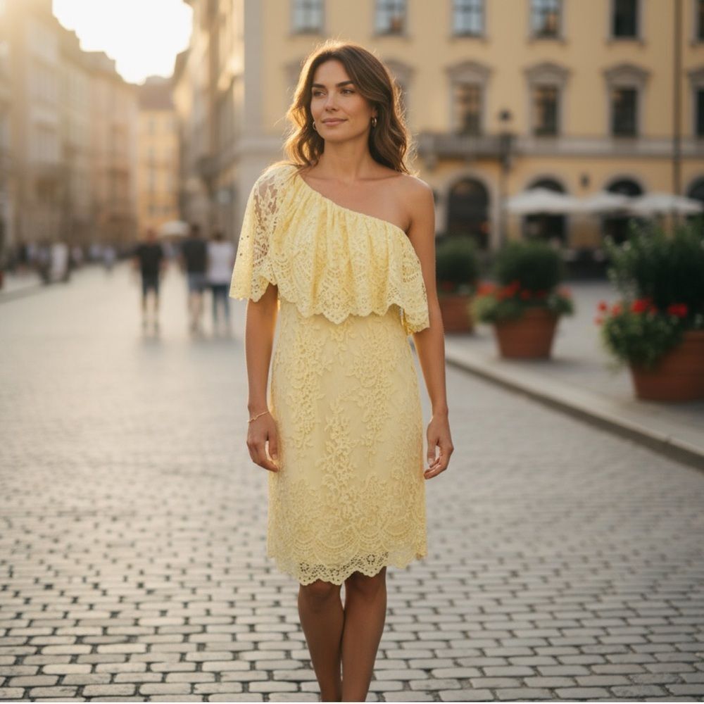 Lauren Ralph Lauren Island Yellow Lace One Shoulder Dress